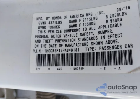 2017 Honda Accord Sport Se z USA, uszkodzony, nr VIN 1HGCR2F17HA048181